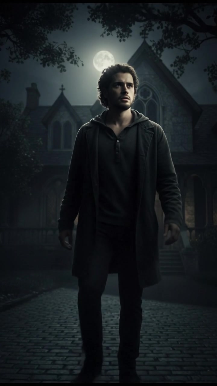 Mateo standing outside the house, looking anxious, with a worried expression under the moonlight.