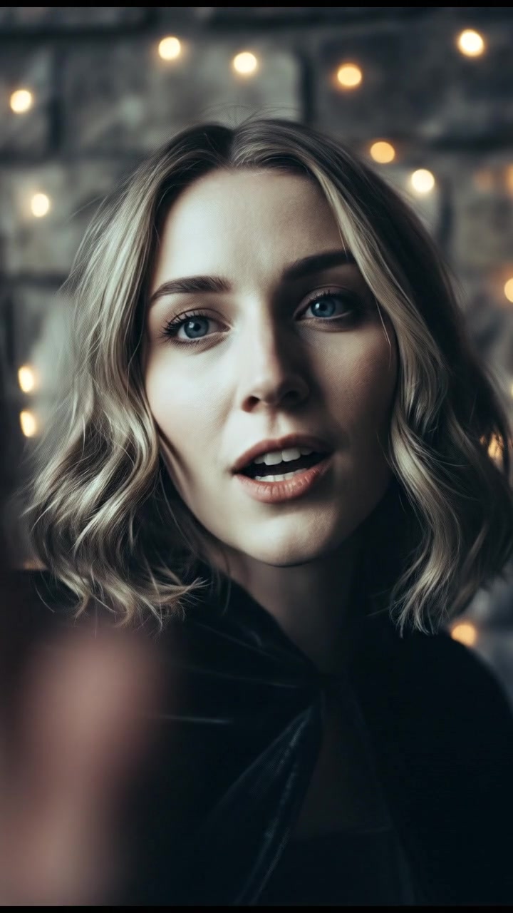 A close-up of Ashley's face as she whispers, surrounded by soft glowing light.