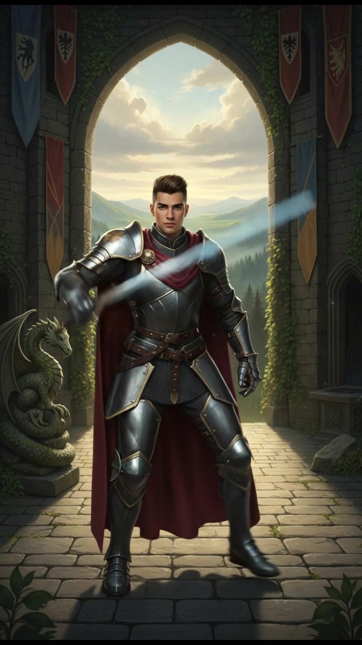 Amir, now dressed in a soldier’s armor, stands confidently holding a sword in a sunlit courtyard.