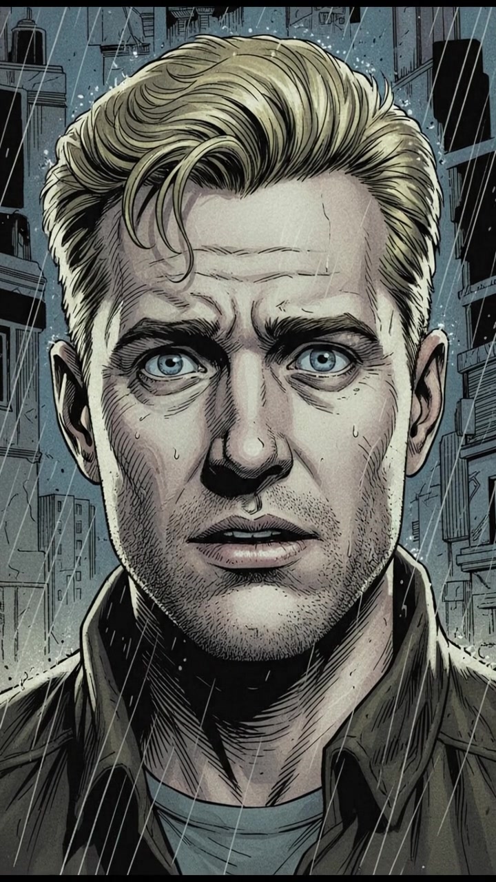 A close-up of Ryan's anxious expression, highlighting his blue eyes wide with unease.