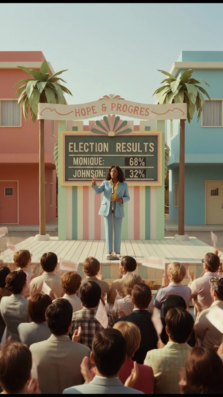 Monique standing on a stage announcing election results to a crowd.
