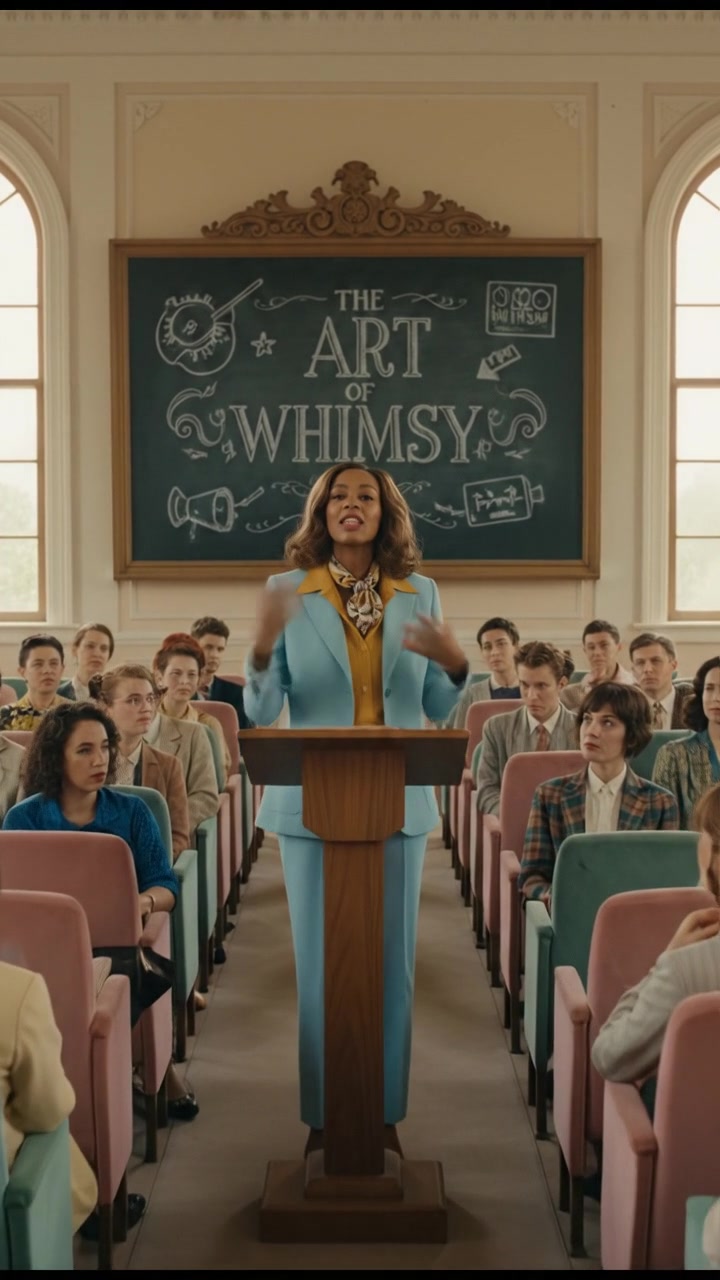Monique standing confidently at a podium, addressing an audience in a lecture hall.