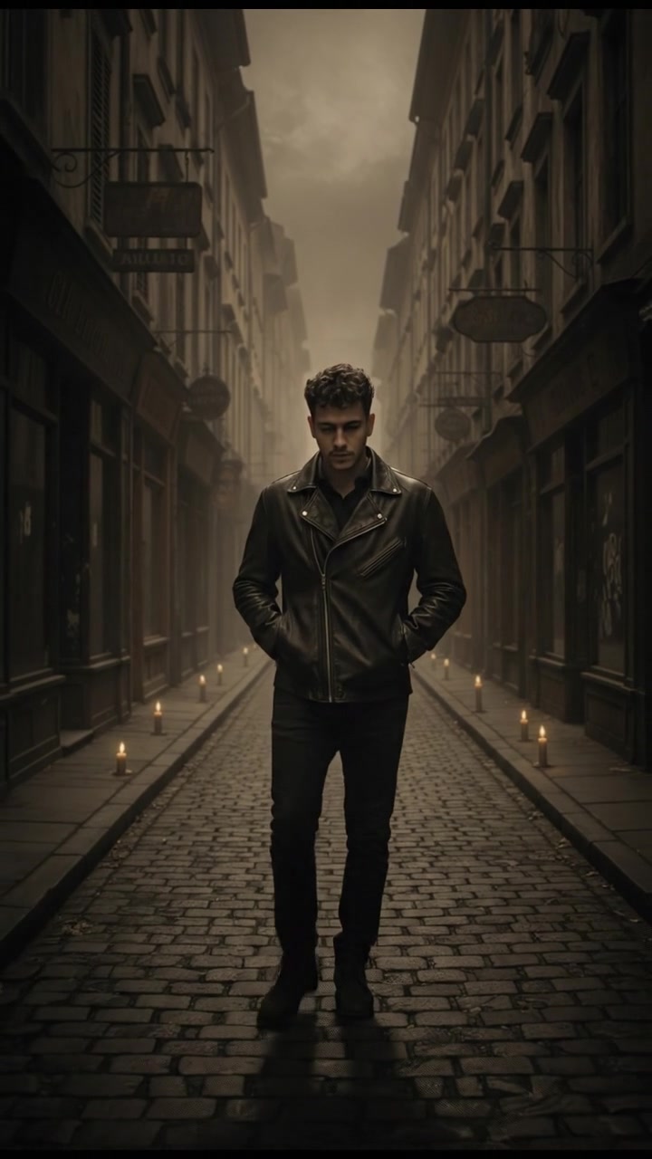 Mateo walking alone down a deserted street in the old town, with faded storefronts on either side.