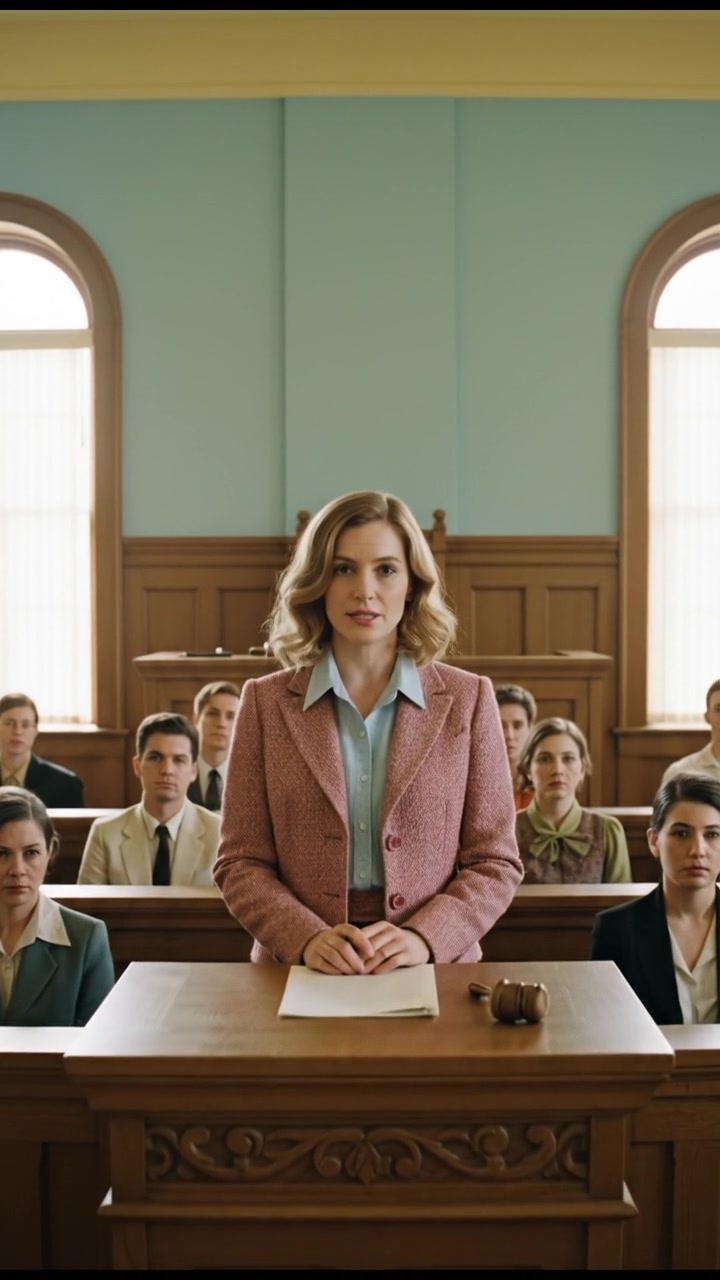 The Ashley stands confidently at a witness stand in a courtroom, looking at the jury.