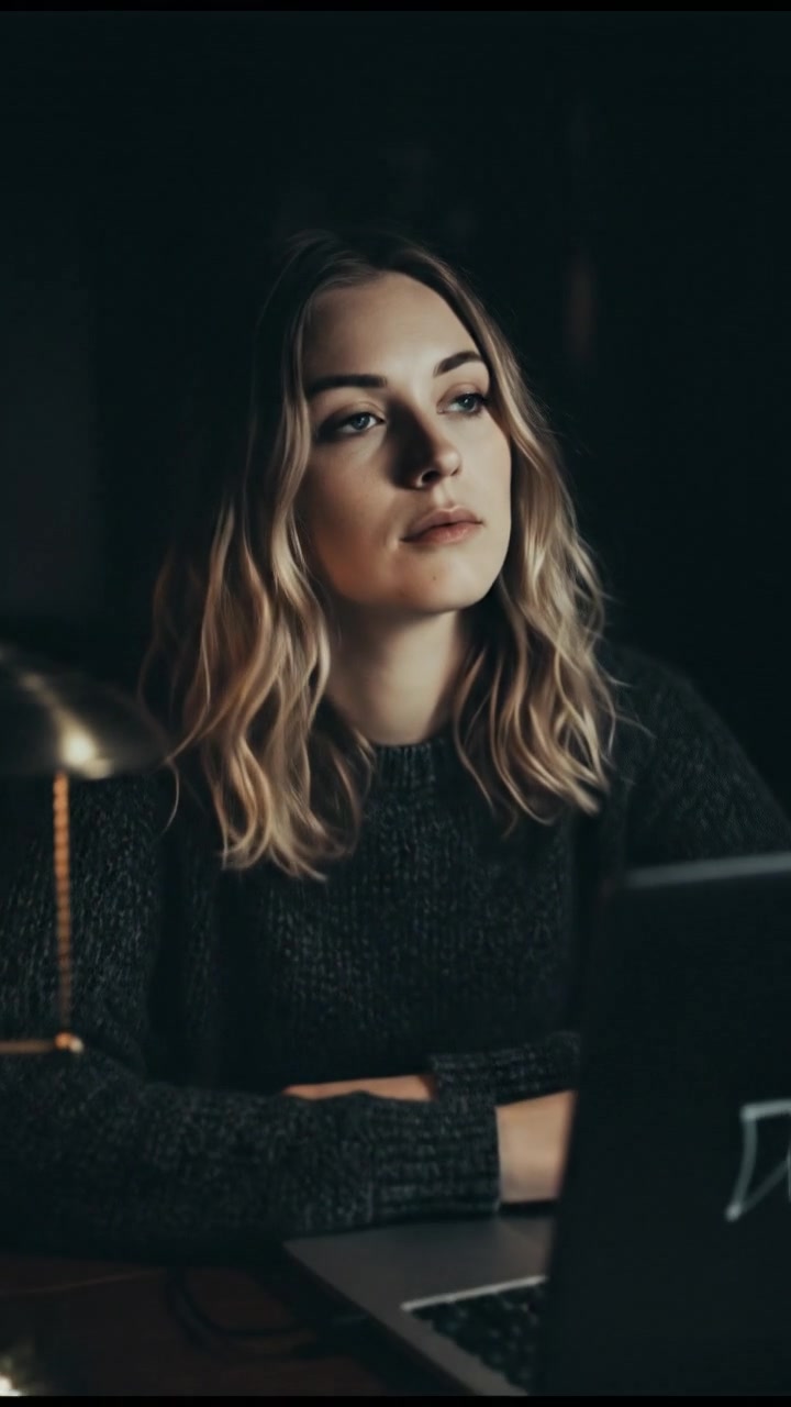 A close-up of the Ashley's face, with a thoughtful expression, sitting at a desk with a laptop open.