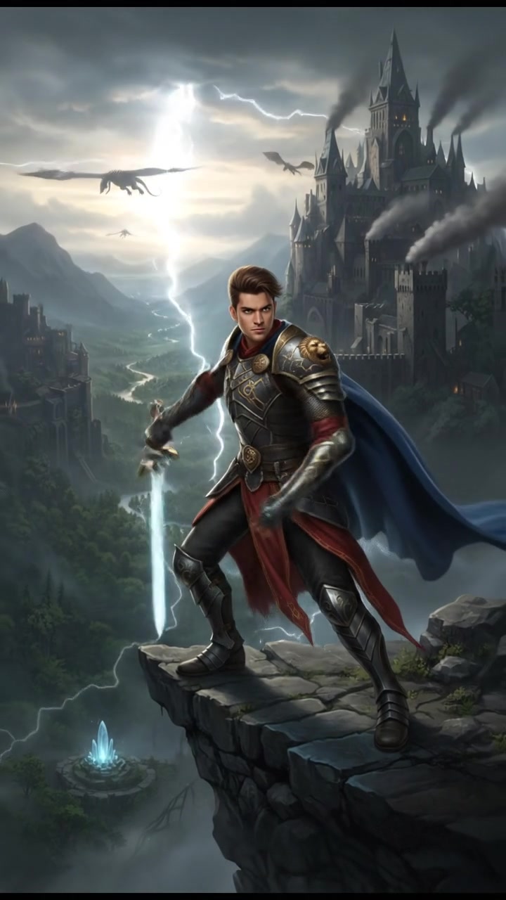 Arjun, in animated warrior armor, stands ready for battle on a rocky cliff, holding a sword.
