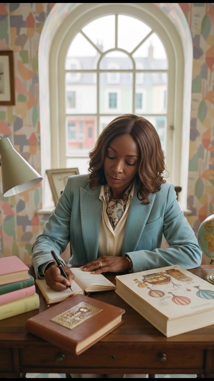 A close-up of The Monique sitting at a desk, writing in a journal with an open book beside her.