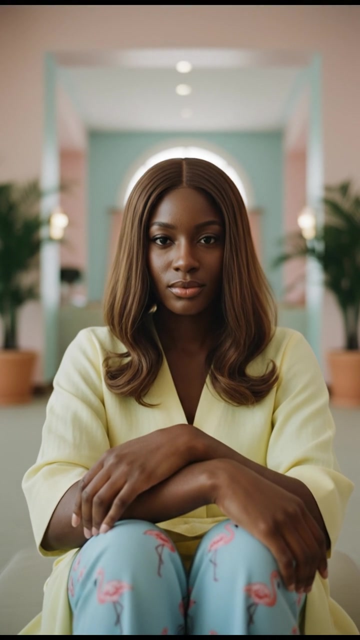 A close-up of the Monique's hands resting on her knees in a relaxed pose.