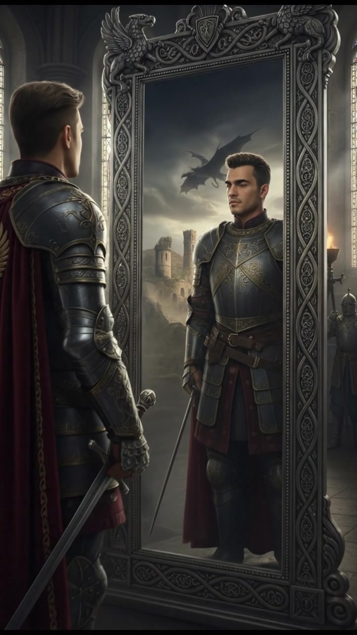 The Amir standing in front of a mirror, looking intently at his reflection, contemplating his identity.