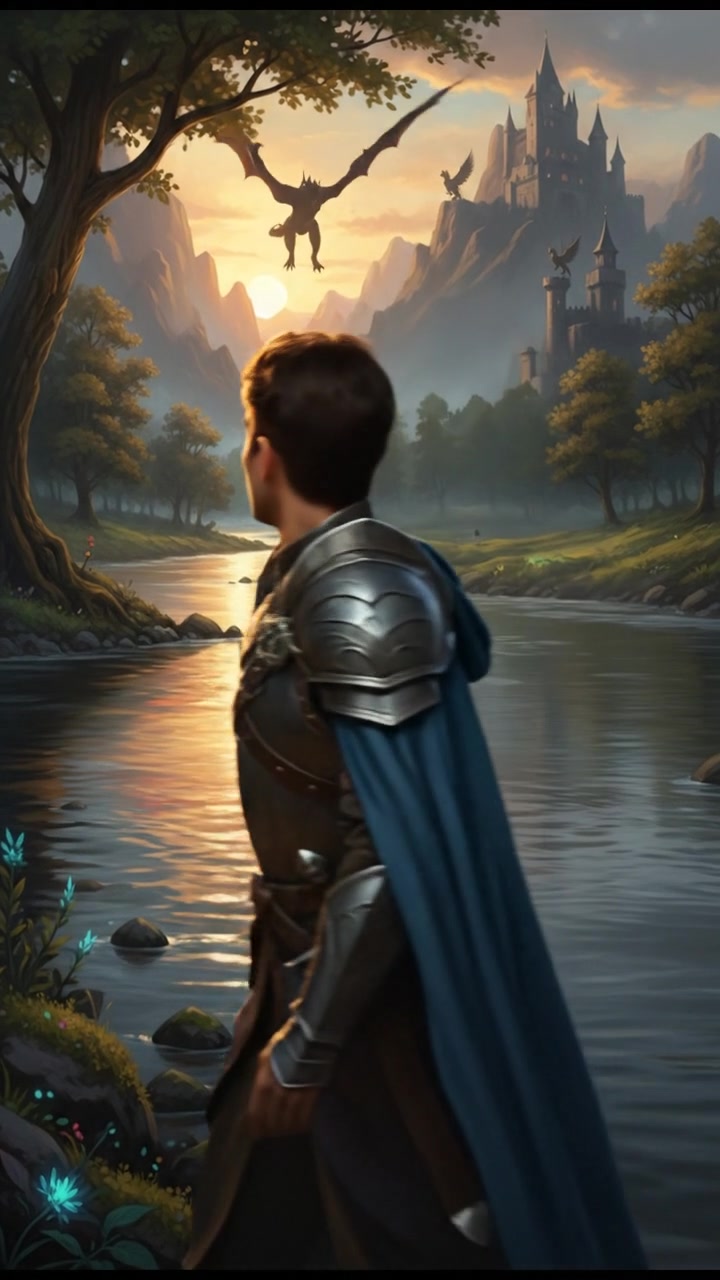 Arjun with an amazed expression, standing near a river as light reflects off the water, creating a serene scene.