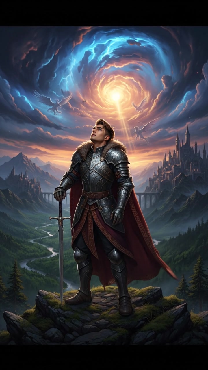 Arjun standing on a hilltop, gazing up at a bright sky filled with swirling clouds.