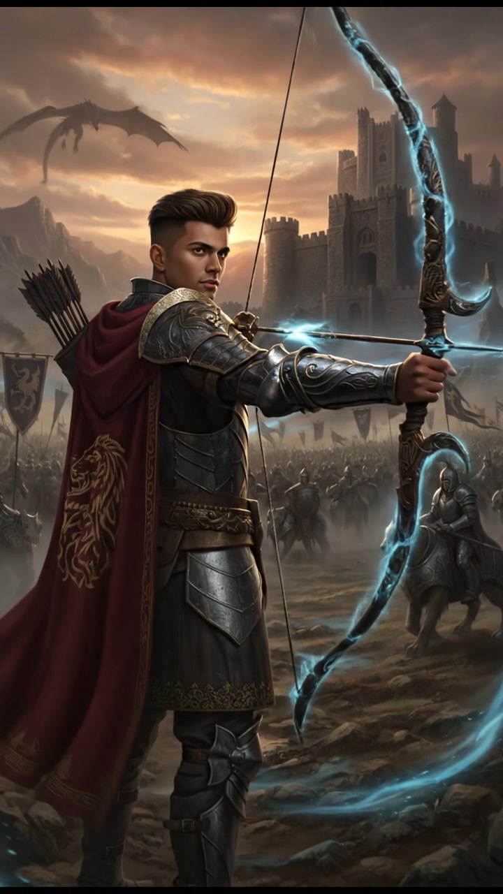 Arjun standing on a battlefield, gazing at the opposing forces while holding a bow.