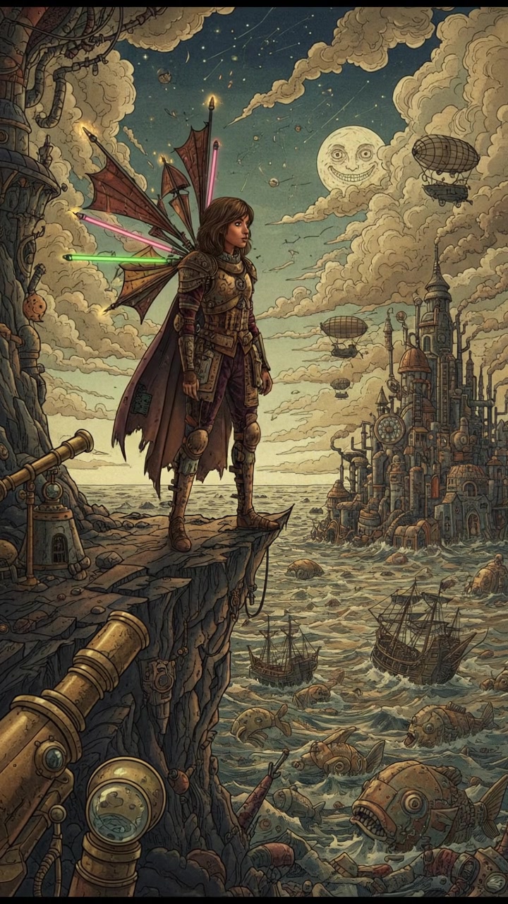 A young woman, Arundhati, standing at the edge of a cliff, looking out over a vast ocean.