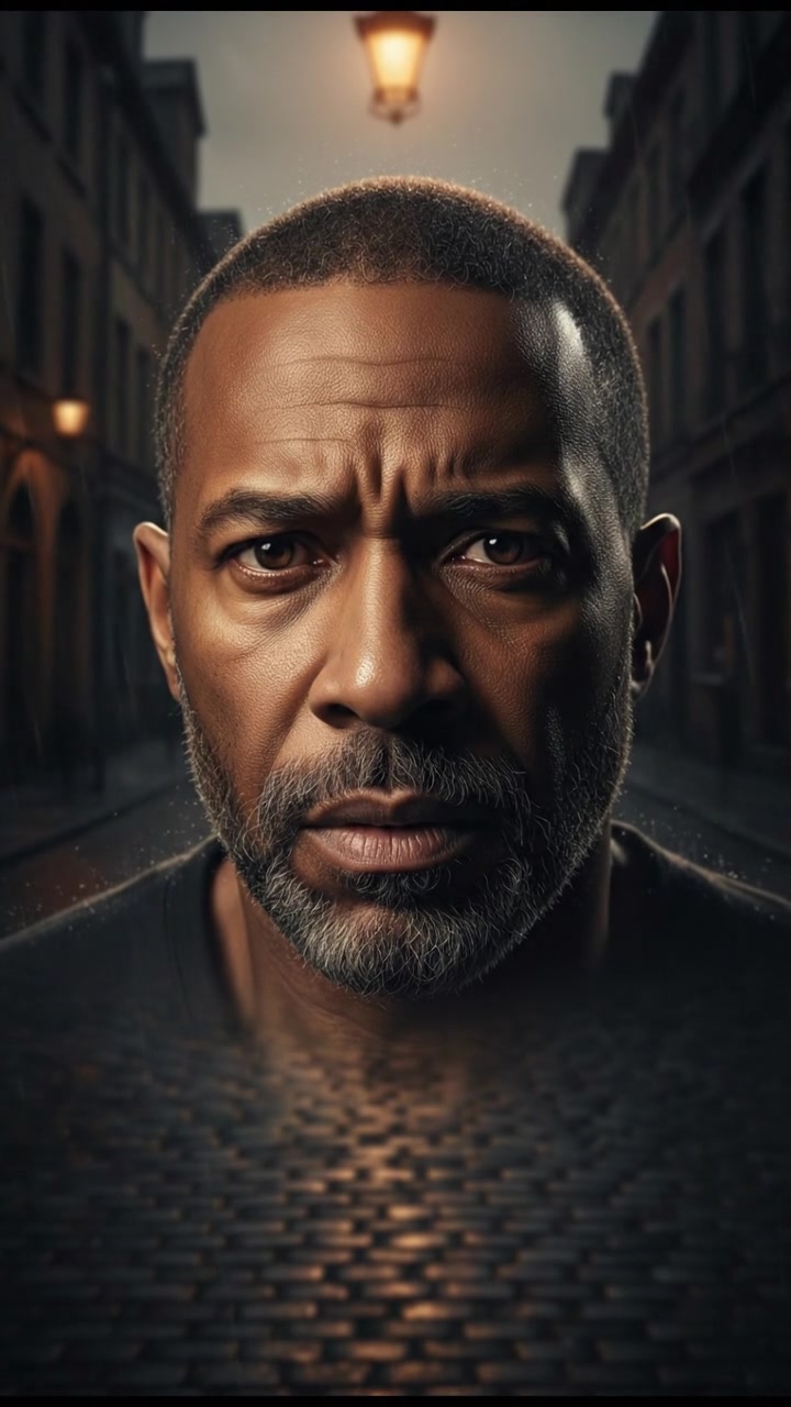 A close-up of the Kwame's concerned face, illuminated by the glow of a streetlamp.