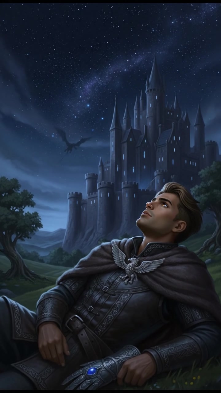 Arjun lying on a grassy hill, gazing up at a starry night sky filled with twinkling stars.