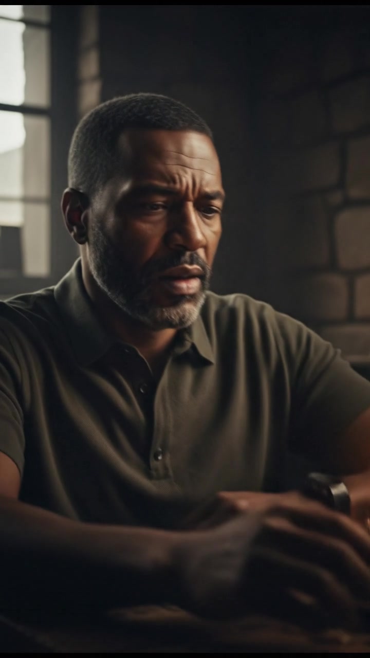 A close-up of Kwame with a worried look, sitting alone at a table.