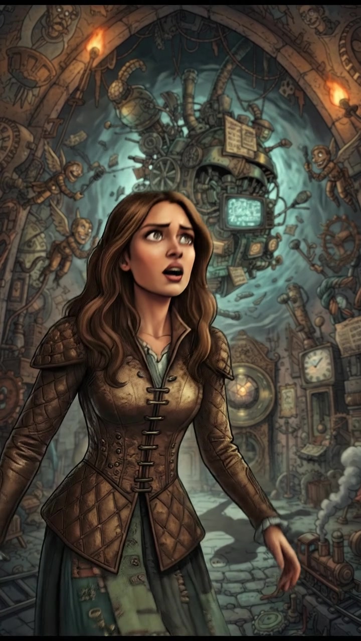 Priya stands in a dimly lit room, looking surprised and confused, as she gazes towards an unseen presence.