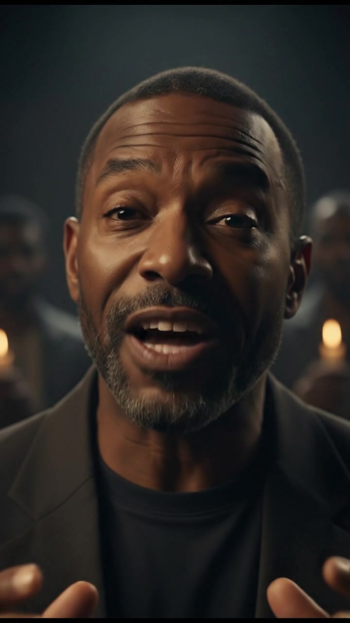 A close-up of Kwame's face as he speaks, showing his calm expression with a blurred background of the gathering.