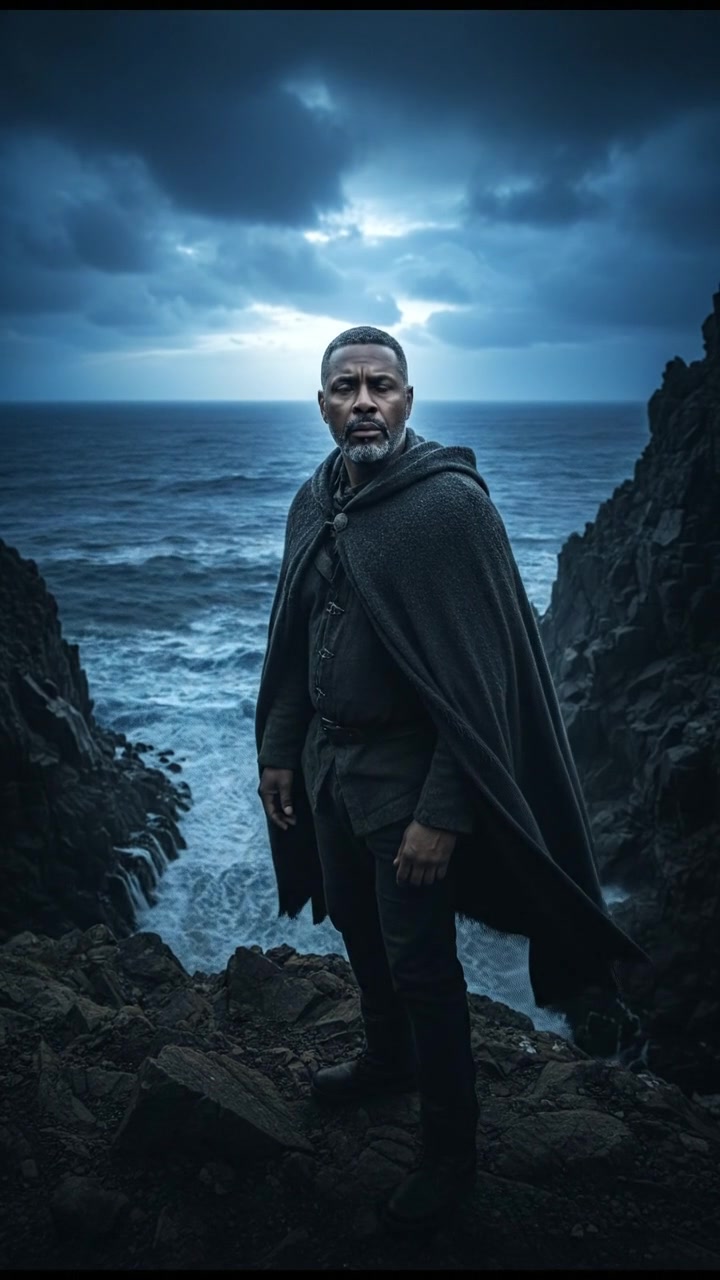 The Kwame standing on a rocky cliff, looking out at the ocean with a puzzled expression.