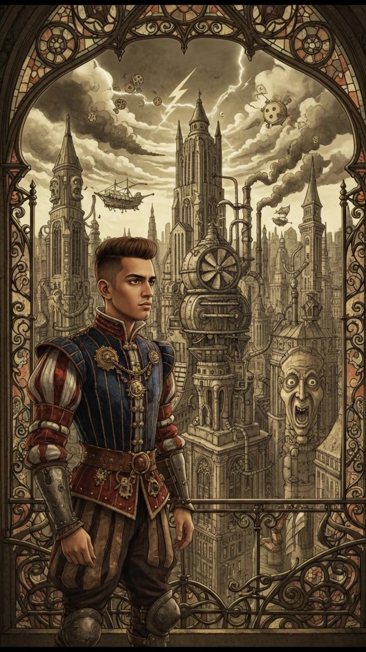 A wide shot of Amir standing by a window, looking out with determination, city skyline in the background.