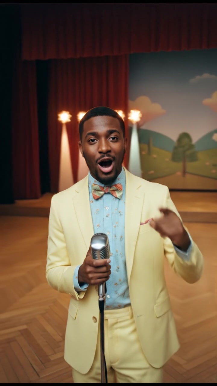 Isaiah standing on stage with a microphone, bright lights shining down.