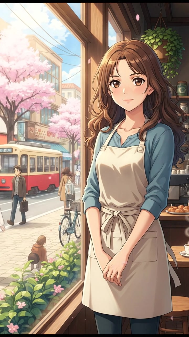 Maya standing proudly by the window of her coffee shop, looking out at the street filled with morning light.