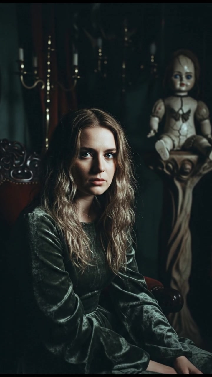 A close-up of Ashley with a serious expression, sitting in a dimly lit room.