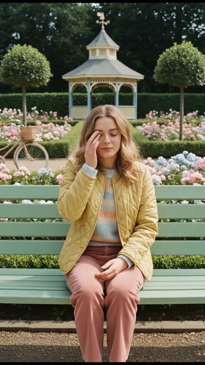 Ashley sitting on a park bench, looking down at her hands, with a tear in her eye.