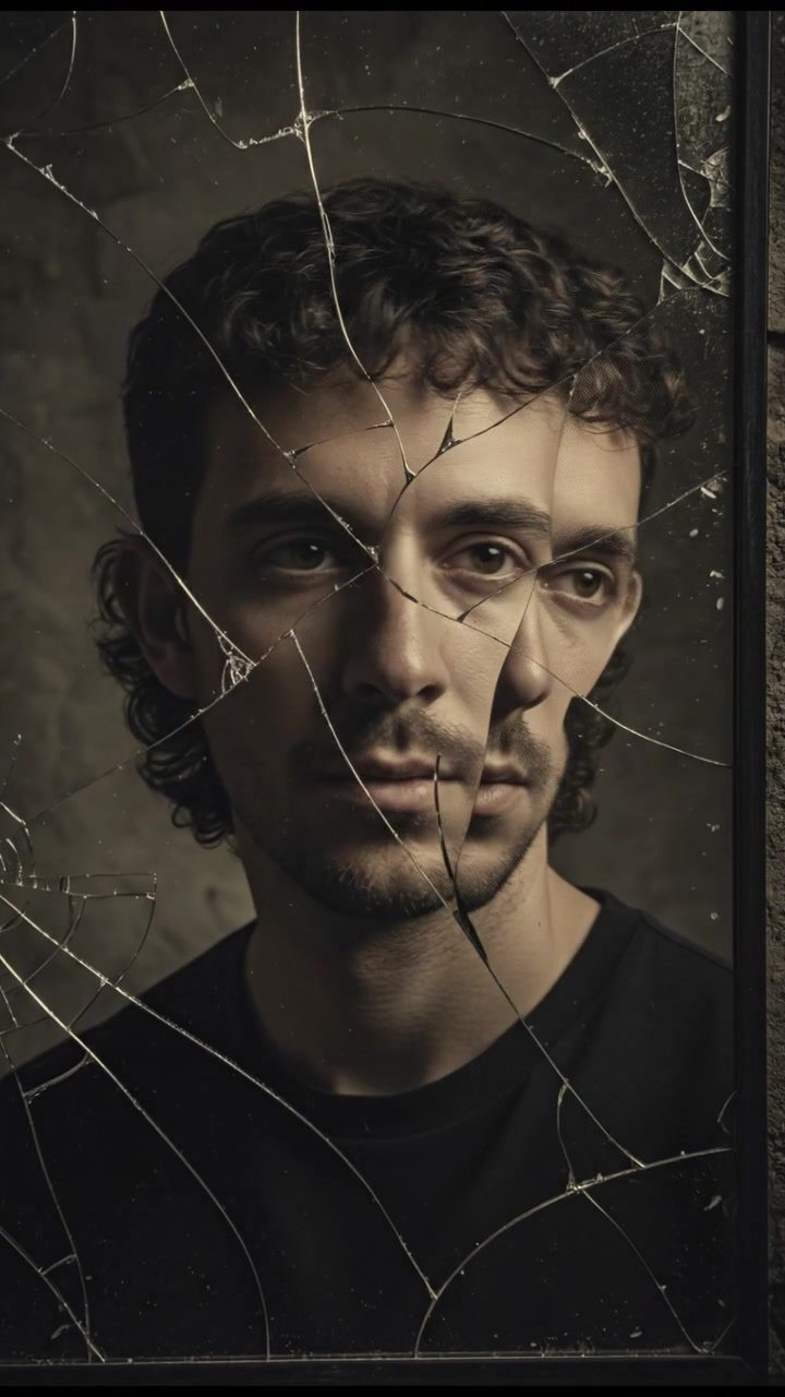A close-up of a cracked mirror reflecting a distorted image of the Mateo's face.