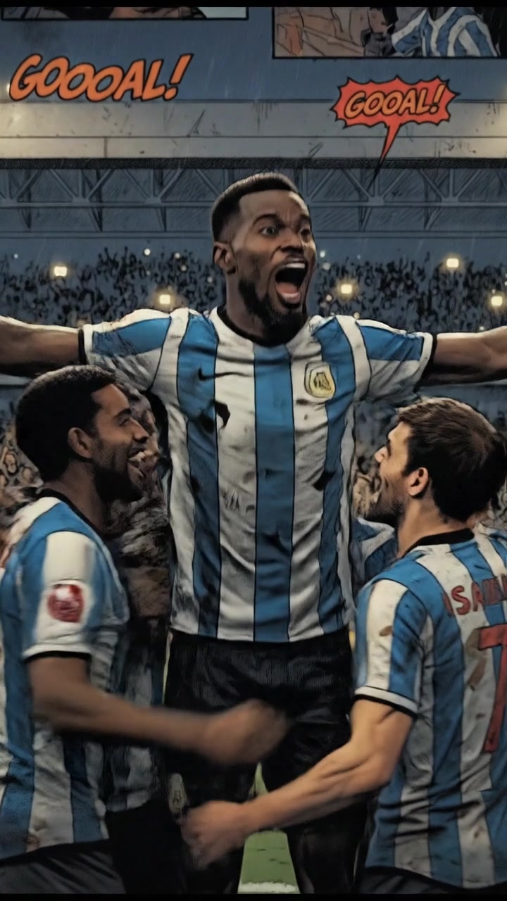 Isaiah celebrating with teammates after scoring a goal at a packed stadium.