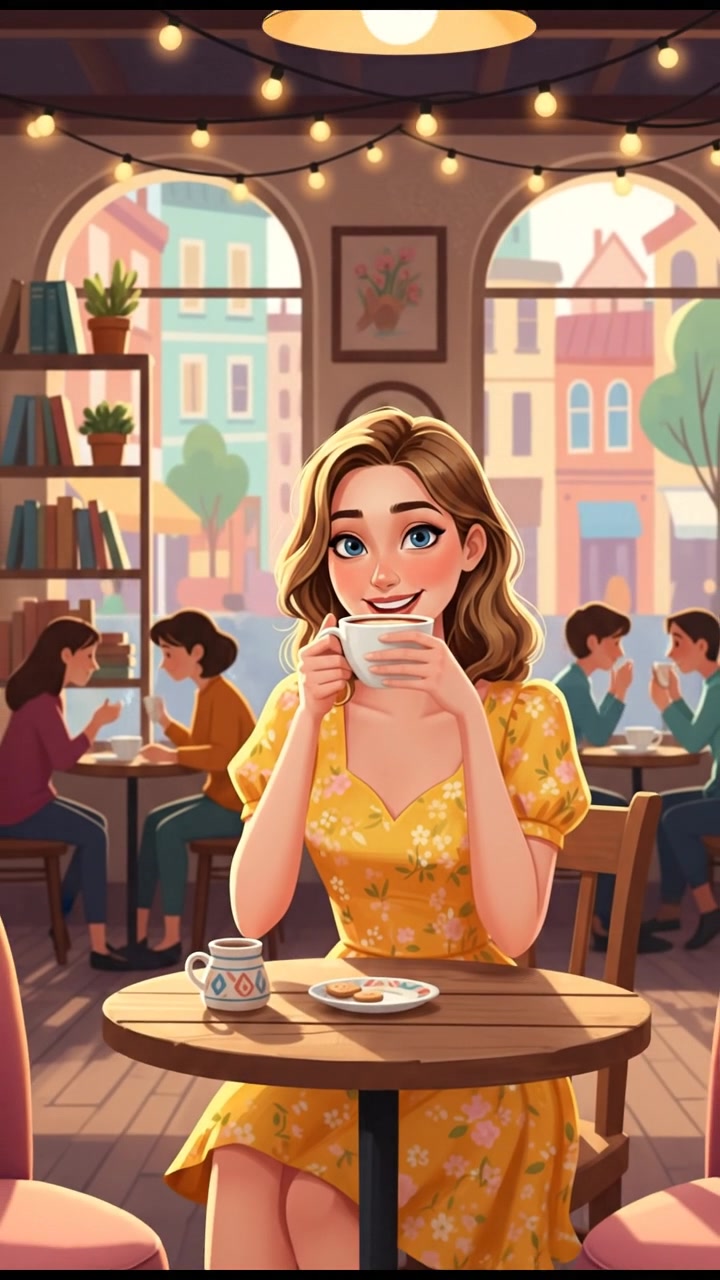 Ashley, wearing a bright dress, smiles while sitting at a cozy cafe table with a cup of coffee.