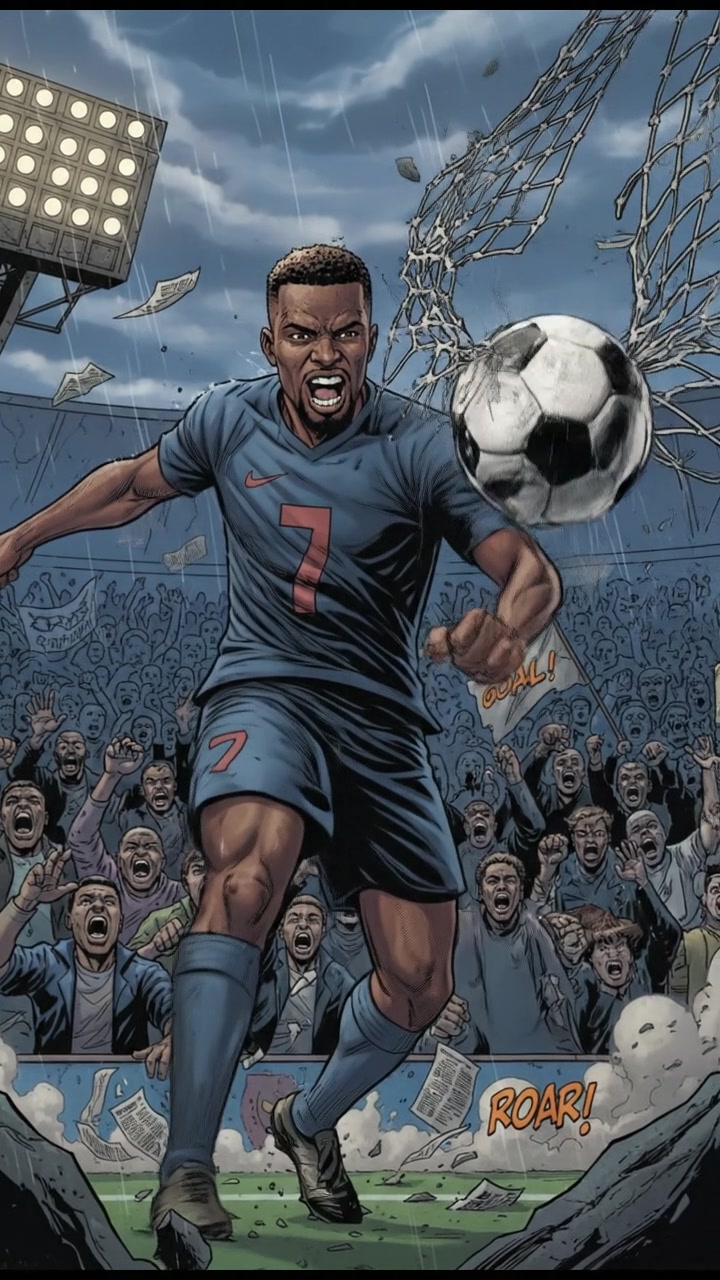 Isaiah scoring a goal on a soccer field, with fans cheering in the background.