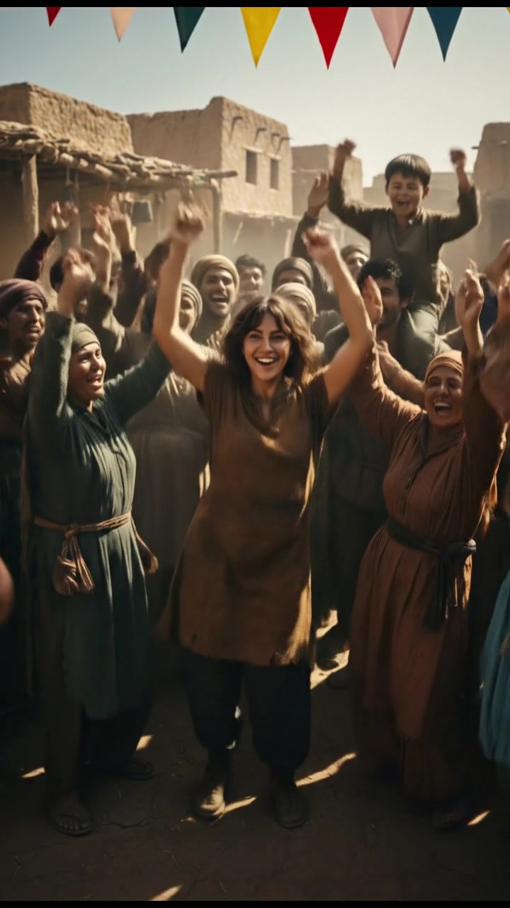 Laila smiling proudly, surrounded by villagers who are cheering and celebrating her achievement.