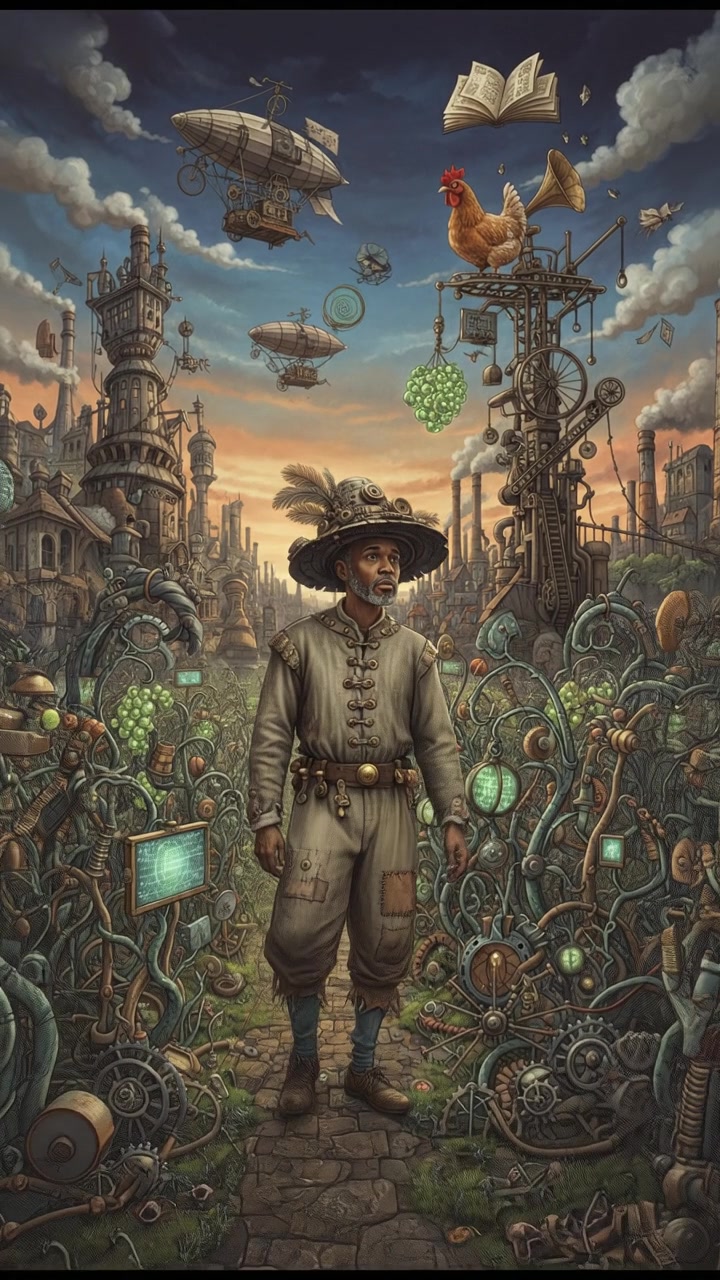 Kwame, wearing simple farmer clothes, stands in a field, looking thoughtfully at the crops.