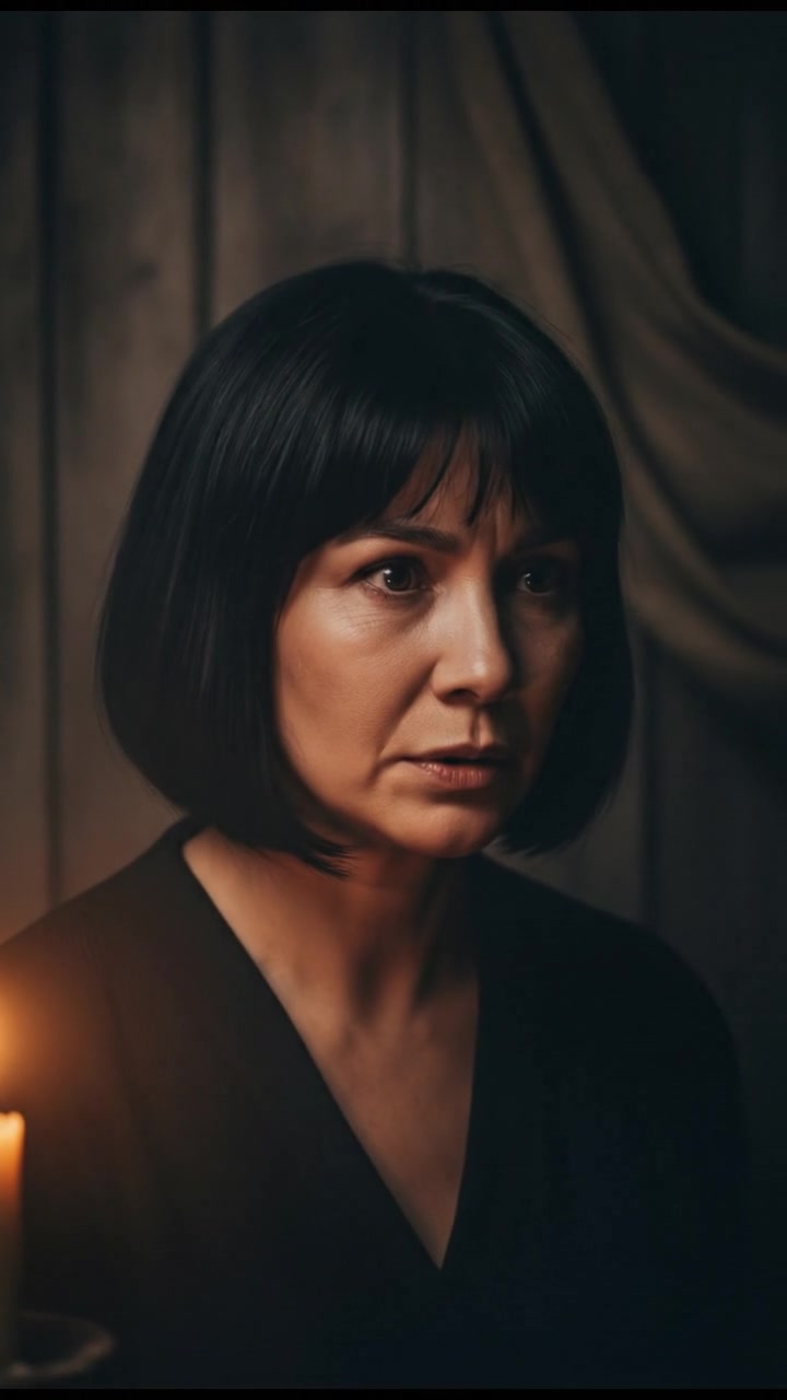 A close-up of Li's face, her expression serious, speaking intently in the dark.