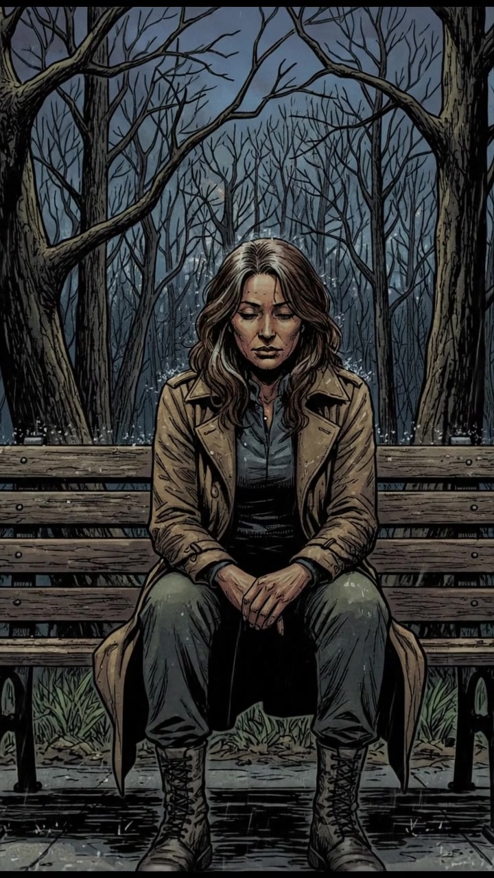 Asha sitting alone on a park bench, looking contemplative with trees in the background.