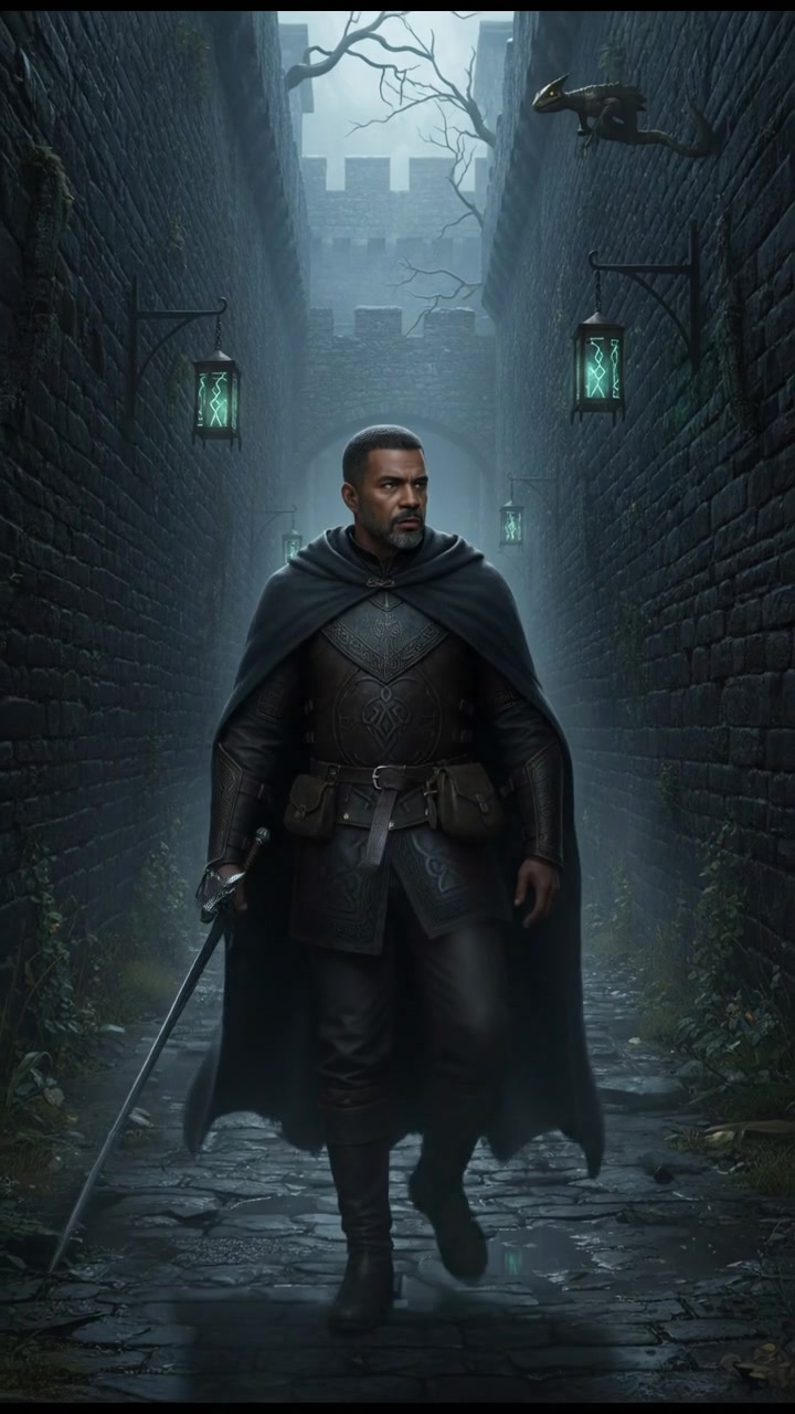 Kwame walks slowly through a narrow, dimly lit alley, looking around cautiously.