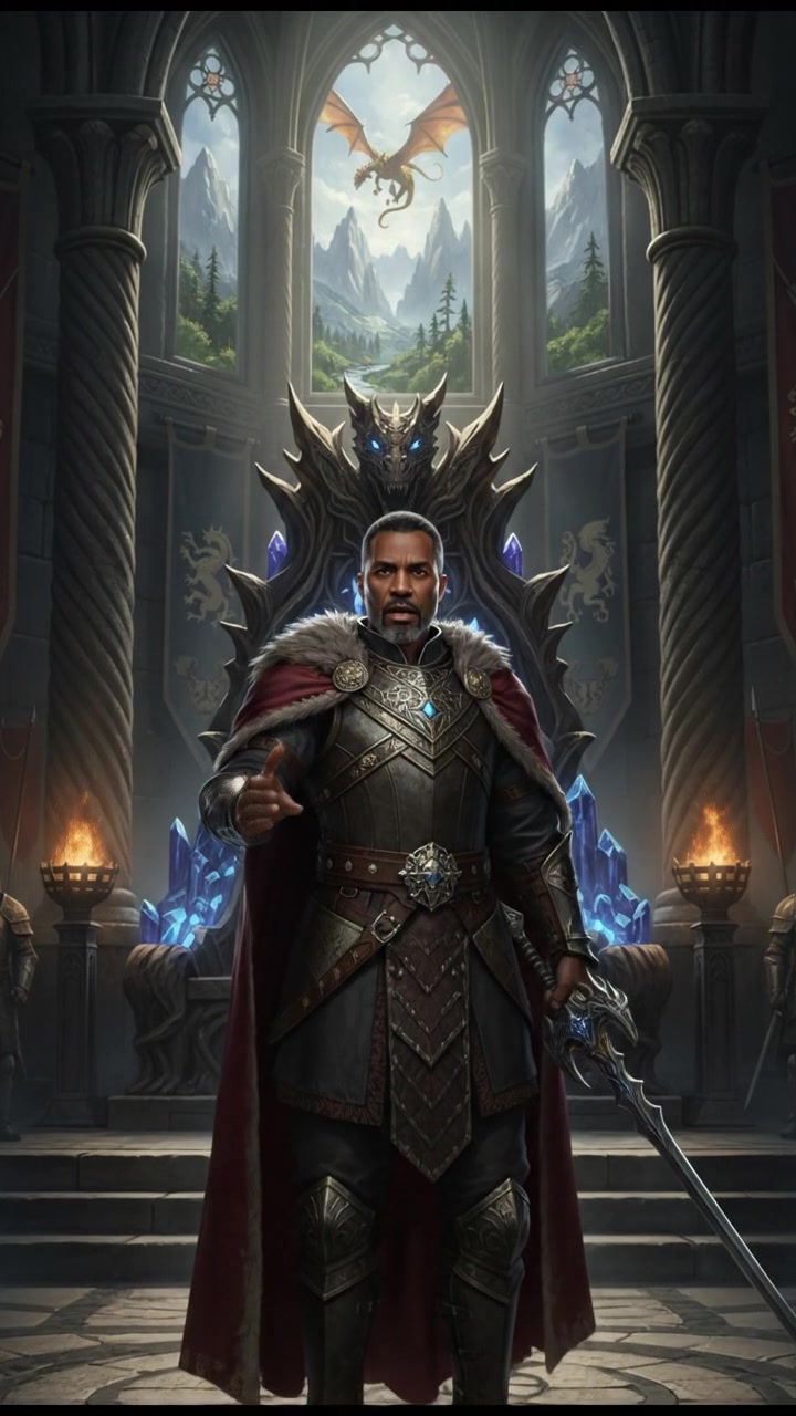 Kwame standing in a grand throne room filled with ornate decorations, speaking confidently.
