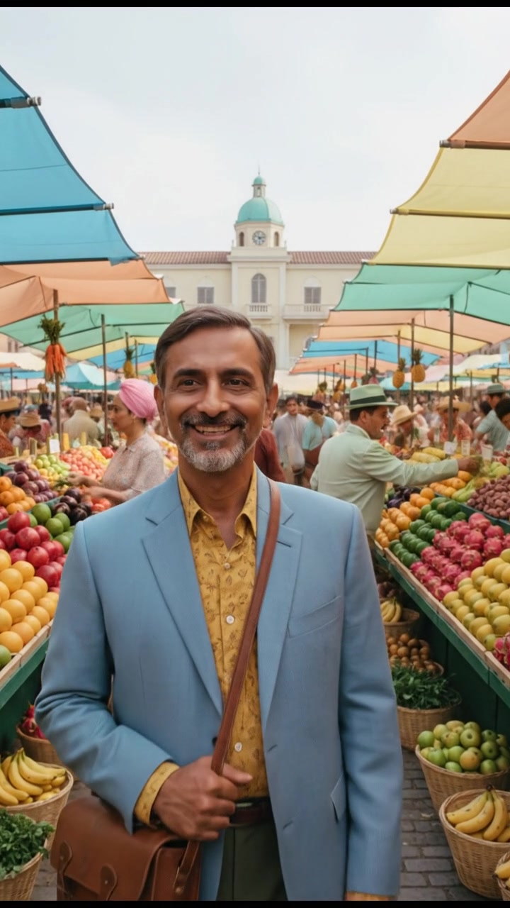 Raj standing in a crowded market, surrounded by colorful stalls filled with fruits and vegetables.