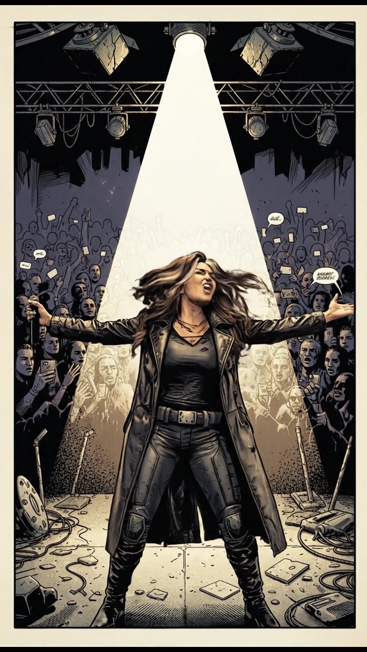 A stage with bright lights and a spotlight shining down on Asha, who is performing passionately to an excited crowd.