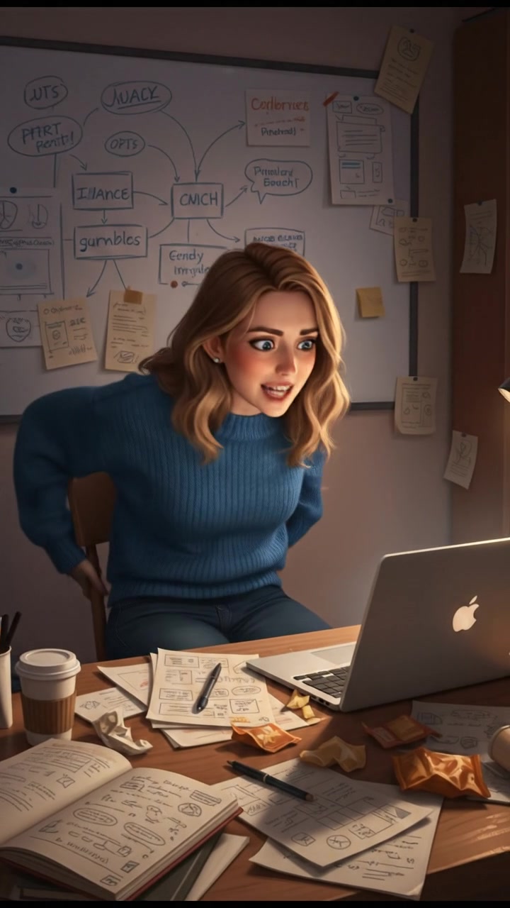 Ashley sitting at a desk, looking at her laptop with a surprised expression, surrounded by notes and coffee cups.