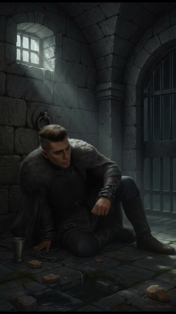 Amir in a dimly lit prison cell, sitting on the floor with chains around his wrists.