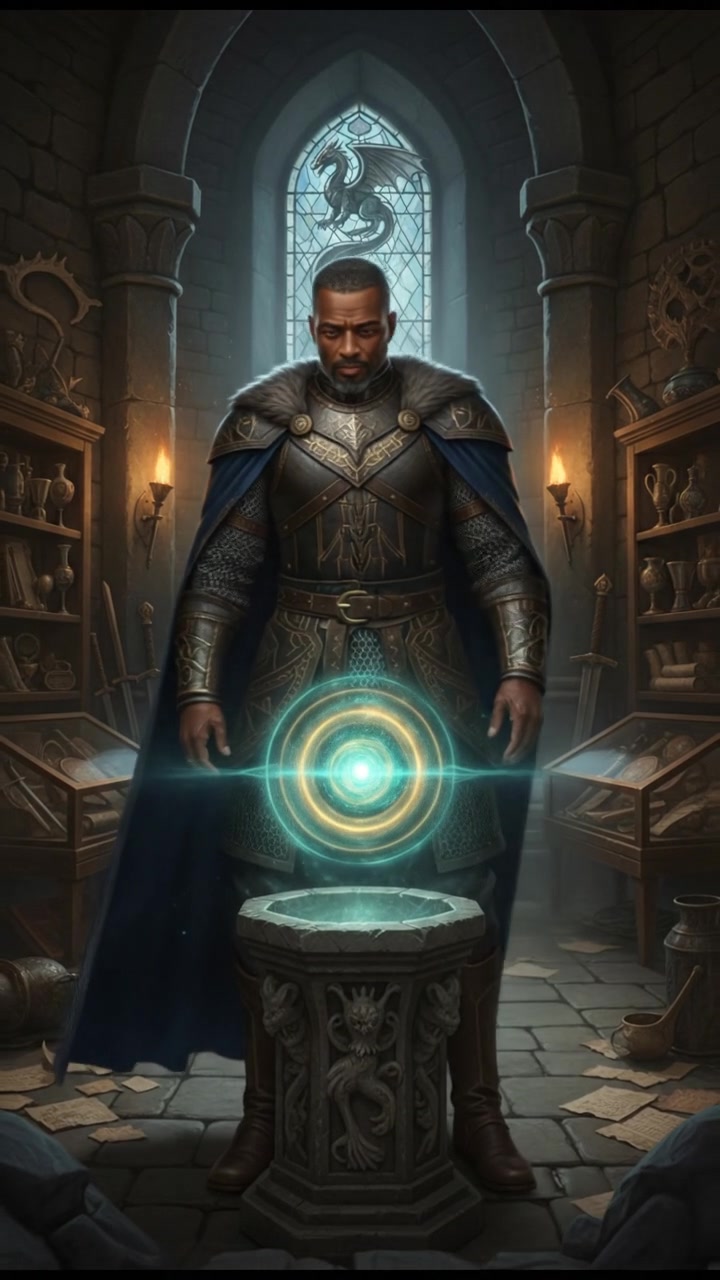 Kwame, standing in a dimly lit room filled with old artifacts, gazing at a glowing orb on a pedestal.