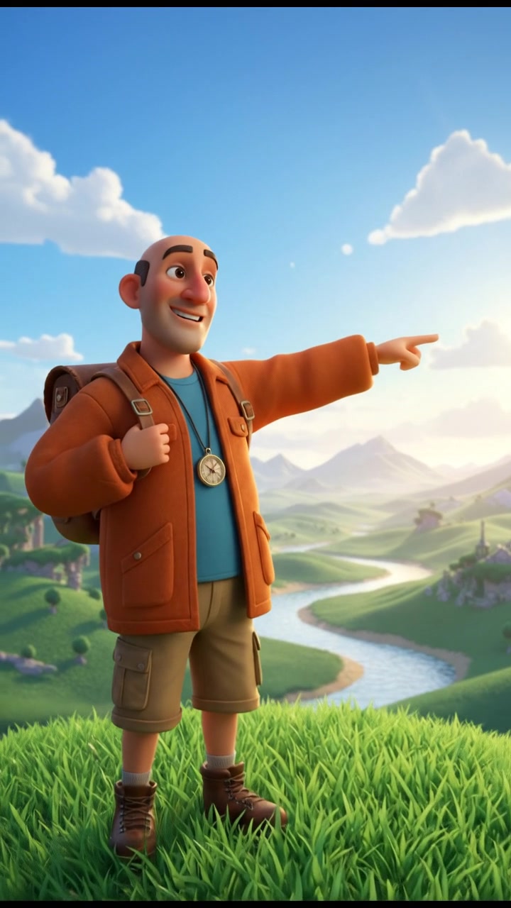 The Carlos standing on a scenic hilltop, pointing towards a distant horizon under a clear blue sky.