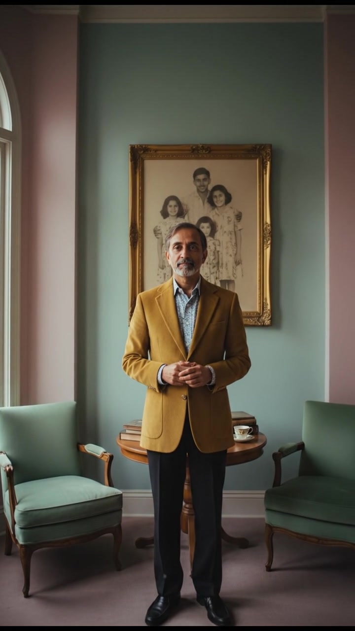 Raj stands alone in a dimly lit room, looking pensive, with a family photo in the background.