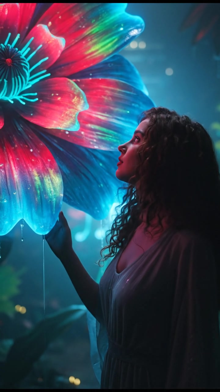 Maya in a garden, standing in front of a blooming flower, looking thoughtful.