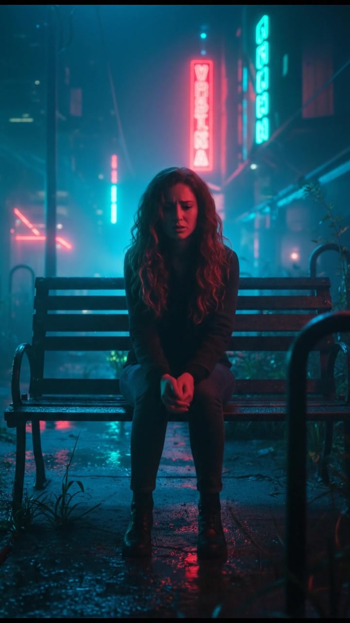 Maya, sitting on a park bench with her hands in her lap, looking distressed.