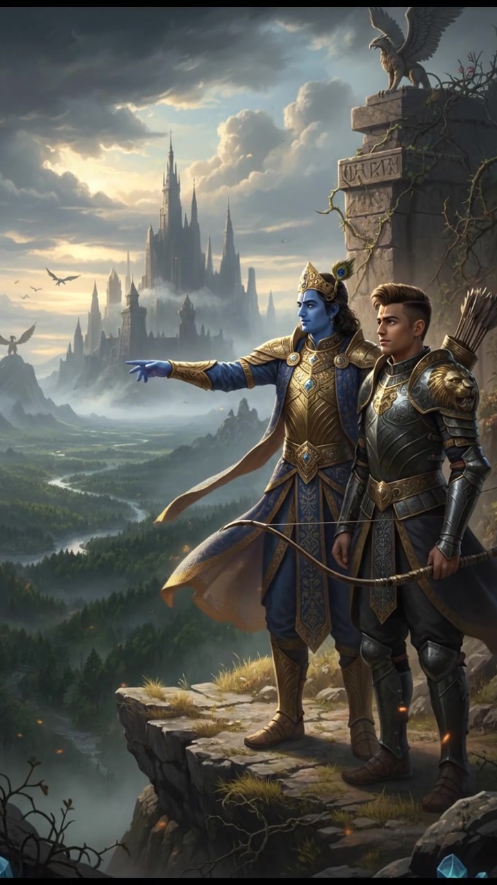 Krishna standing beside Arjun, with a serene expression, gesturing toward the horizon.