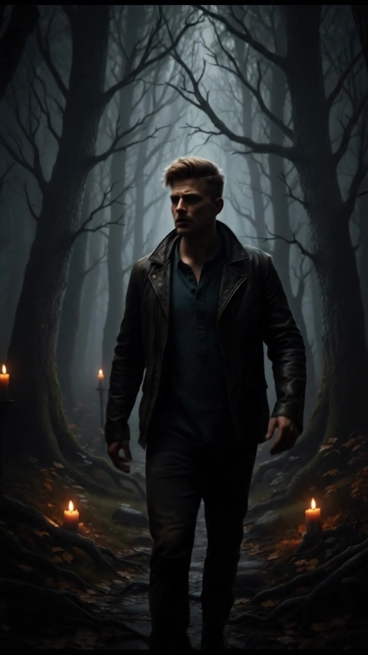 A dark, misty forest path with the Ryan walking anxiously, shadows cast by trees surrounding him.