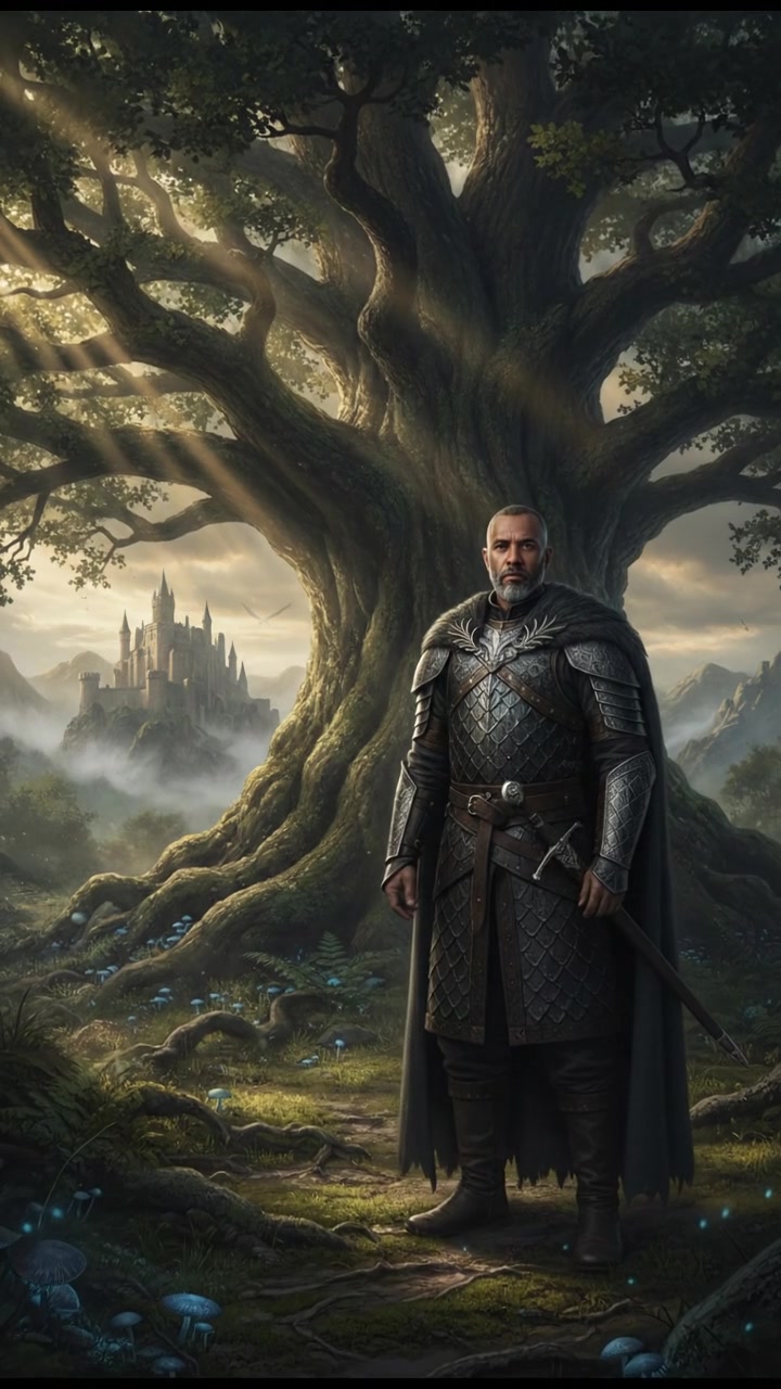 The Kwame standing by a large tree, sunlight filtering through the leaves above.